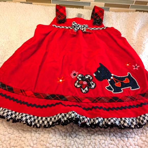 Red Corduroy Overall Jumper Dress with Dog/Scottish Terrier, Size 18 months - Picture 1 of 5